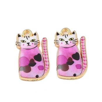 Rack Plating Alloy Pendants, with Enamel, Golden, Cat Charm, Magenta, 20x11.5x2.5mm, Hole: 1.5mm