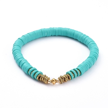 Stretch Bracelets, with Polymer Clay Heishi Beads, Antique Golden Plated Alloy Spacer Beads and Brass Round Beads, Turquoise, 2-1/4 inch(5.7cm)