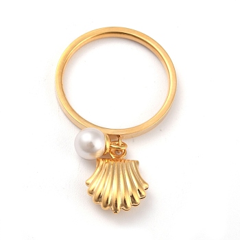 Dual-use Items, 304 Stainless Steel Finger Rings or Pendants, with Plastic Round Beads, Shell, White, Golden, US Size 7(17.3mm)