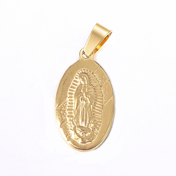 304 Stainless Steel Lady of Guadalupe Pendants, Oval with Virgin Mary, Golden, 23x14x3mm, Hole: 7x4mm