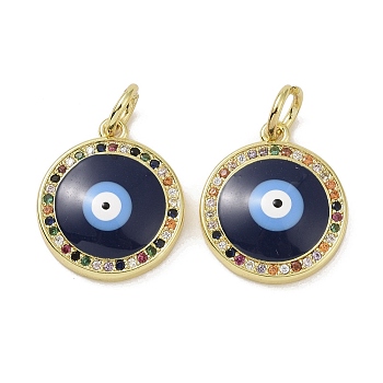 Real 18K Gold Plated Brass Micro Pave Cubic Zirconia Pendants, with Enamel and Jump Ring, Evil Eye Charms, Flat Round, 17x15x3.5mm, Hole: 4mm