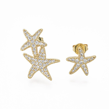 Brass Micro Pave Clear Cubic Zirconia Stud Earrings, Asymmetrical Earrings, with Ear Nuts, Nickel Free, Sea Star/Starfish, Real 18K Gold Plated, 11x10.5mm & 20.5x12mm, Pin: 0.7mm