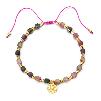 Bohemian Style Natural Rhodonite Cube Braided Bead Bracelet, Adjustable Bracelet with Flat Round Charms, 