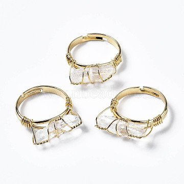 Adjustable Natural Quartz Crystal Finger Rings, with Light Gold Brass Findings, US Size 8(18.1mm)(RJEW-T019-03A-KC)