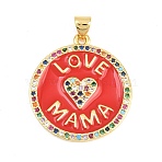 Brass Micro Pave Cubic Zirconia Pendants, with Enamel, Flat Round with Word LOVE MAMA Charms, Red, Golden, 28x25x2.5mm, Hole: 4x3.5mm(KK-A297-05G)