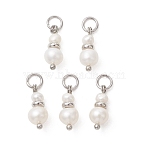 Natural Cultured Freshwater Pearl & Brass Pendants, Potato Beaded Charms with 304 Stainless Steel Jump Rings, White, Platinum, 14~14.5x5~6mm, Hole: 3.3mm(PALLOY-JF05442-01)