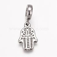 304 Stainless Steel European Dangle Charms, Large Hole Pendants, Hamsa Hand/Hand of Fatima/Hand of Miriam, Stainless Steel Color, 28mm, Hole: 5mm, Pendant: 18x12x2mm(OPDL-K001-05AS)