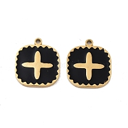 Ion Plating(IP) 316 Surgical Stainless Steel Pendants, with Enamel, Square with Cross Charm, Real 18K Gold Plated, Black, 16x14x1.5mm, Hole: 1.4mm(STAS-U014-39G)