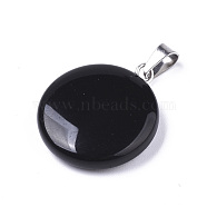 Synthetic Black Stone Pendants, with Platinum Tone Brass Bails, Flat Round, 22~25x19~21x5~7mm, Hole: 3x6mm(X-G-R470-001)