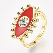 Adjustable Brass Micro Pave Cubic Zirconia Finger Rings, with Enamel, Eye, Red, Size 7, 17mm(RJEW-S044-059)