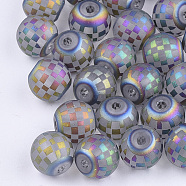Electroplate Glass Beads, Plaid Beads, Frosted, Round with Tartan Pattern, Colorful, 8~8.5mm, Hole: 1.5mm(EGLA-S178-04E)