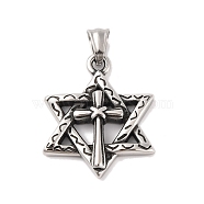 304 Stainless Steel Pendants, Star of David with Cross Charm, Antique Silver, 39x29x5.5mm, Hole: 5x7mm(STAS-E434-47AS-01)