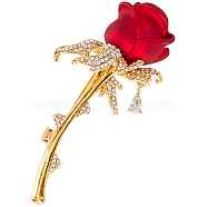 Rhinestones Rose Lapel Pin, Real 18K Gold Plated Alloy Flower Brooch for Backpack Clothes, Red, 61x28x13mm, Pin: 0.8mm(JEWB-WH0026-24)