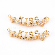 Brass Micro Pave Clear Cubic Zirconia Chandelier Component Links, for Valentine's day, Arrow with Word Kiss, Nickel Free, Real 18K Gold Plated, 28x7x3.5mm, Hole: 0.8&1.0mm(KK-Q766-004-NF)