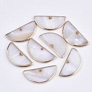 Natural Freshwater Shell Pendants, with Edge Brass Golden Plated, Semi Circle/Half Round, Seashell Color, 15x30x2.5mm, Hole: 1.2mm(SSHEL-R045-12)