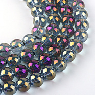 Electroplate Glass Beads Strands, Rainbow Plated, Round, Purple, 7.5x8.5mm, Hole: 1mm, about 104pcs/strand, 30.3 inch(EGLA-Q062-8mm-A03)