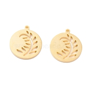 Vacuum Plating 201 Stainless Steel Pendants, Flat Round with Leaf, Golden, 18x15.5x1.4mm, Hole: 1.2mm(STAS-F231-162G)