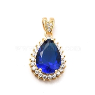 Brass Micro Pave Clear Cubic Zirconia Pendants, with Blue Glass, Teardrop, Real 18K Gold Plated, 21x14.5x7mm, Hole: 4.5x2mm(KK-I695-011G)