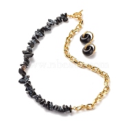 Natural Snowflake Obsidian Chip Beads Jewelry Set, Gemstone Beaded Necklace and Drop Huggie Hoop Earrings for Women, Light Gold, 16.73 inch(42.5cm), 20mm, Pin: 1mm(SJEW-JS01223-05)