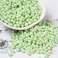 6/0 Glass Seed Beads, Opaque Colours Luster, Teardrop, Pale Green, 4.5~5x4x3~3.5mm, Hole: 0.9mm, about 5625Pcs/Pound(SEED-M012-01A-02)