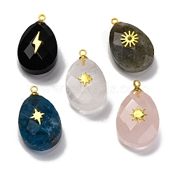 Natural Mixed Stone Pendants, Faceted Egg Shaped Charms with Rack Plating Golden Plated Brass Slices, Lead Free & Cadmium Free, 21x12.5x8mm, Hole: 1.5mm(G-B089-01G)