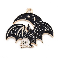 Halloween Alloy Enamel Pendants, Light Gold, Bat Charm, Moon, 24x28x1mm, Hole: 1.5mm(X-FIND-M019-02D)