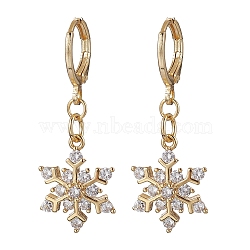 Christmas Snowflake Brass Micro Pave Clear Cubic Zirconia Hoop Earrings, with Huggie Hoop Earring Findings, Real 18K Gold Plated, 35x13mm(EJEW-JE06158-01)