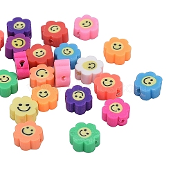 Handmade Polymer Clay Beads, Flower with Smile Face, Mixed Color, 9.5x4.5mm, Hole: 1.5mm, 100pcs/Box(CLAY-CJ0001-14)