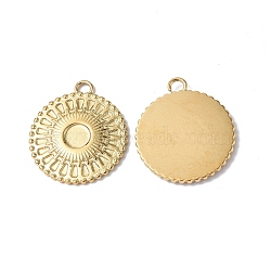 Ion Plating(IP) 304 Stainless Steel Pendant Cabochon Settings, Flat Round with Sun Charm, Real 18K Gold Plated, Tray: 4mm, 18.5x16.5x1.8mm, Hole: 1.6mm(STAS-C066-13G)