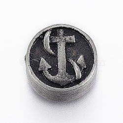304 Stainless Steel Beads, Flat Round with Anchor and Helm, Antique Silver, 10.5x5mm, Hole: 2mm(X-STAS-A033-002AS)