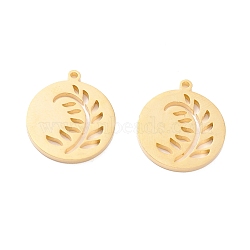 PVD Vacuum Plating 201 Stainless Steel Pendants, Flat Round with Leaf, Golden, 18x15.5x1.4mm, Hole: 1.2mm(STAS-F231-162G)