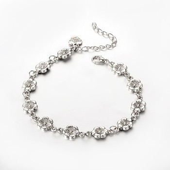 Trendy Tibetan Style Flower Anklets, with Zinc Alloy Lobster Claw Clasps and Iron End Chains, Antique Silver, 230mm