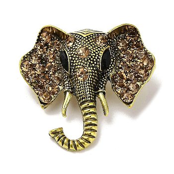 Vintage Elephant Alloy Rhinestone Brooches for Backpack Clothes, Antique Golden, Light Colorado Topaz, 35x36.5mm