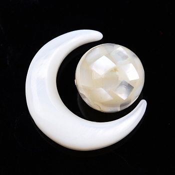 Natural Freshwater Shell Beads, with Natural White Shell Beads, Moon with Round, Moon: 15x12.5x3.5mm, Round: 8mm, Hole: 0.8mm, about 2pcs/set