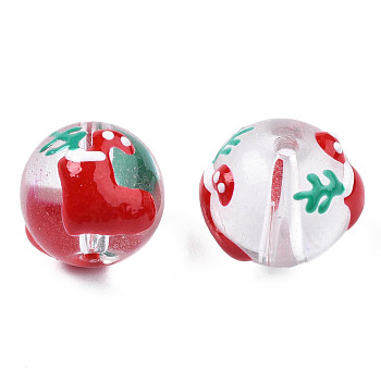 Transparent Glass Enamel Beads, Christmas Theme, Round with Socks, Red, 13~14x12x11mm, Hole: 1.6mm