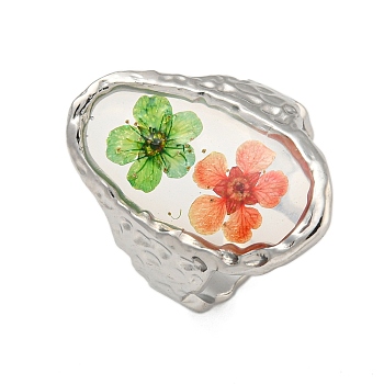 Brass Adjustable Rings for Women, Cadmium Free & Lead Free, with Epoxy Resin & Dried Flower inside, Platinum, Oval, 26.5mm, Inner Diameter: 17mm