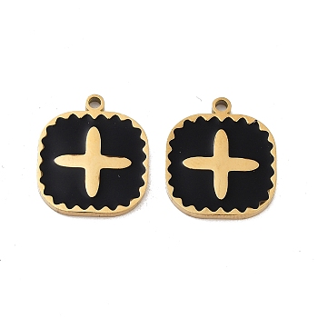 Ion Plating(IP) 316 Surgical Stainless Steel Pendants, with Enamel, Square with Cross Charm, Real 18K Gold Plated, Black, 16x14x1.5mm, Hole: 1.4mm