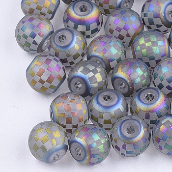 Electroplate Glass Beads, Plaid Beads, Frosted, Round with Tartan Pattern, Colorful, 8~8.5mm, Hole: 1.5mm