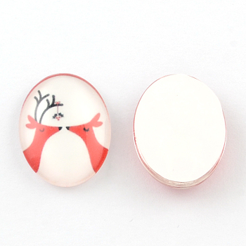 For Christmas Day Christmas Reindeer/Stag Pattern Glass Oval Flatback Cabochons for DIY Projects, Light Coral, 25x18x5mm