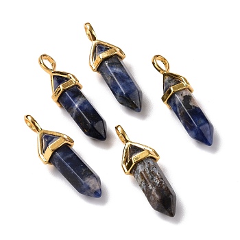 Natural Sodalite Pendants, Faceted, with Golden Tone Brass Findings, Lead free & Cadmium Free, Bullet, 27~30x9~10x7~8mm, Hole: 4x3mm