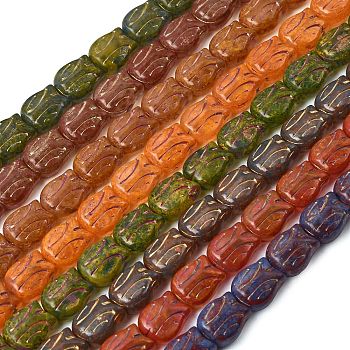 Painted Glass Beads Strands, Golden Metal Enlaced, Flower, Mixed Color, 12~12.5x10~10.5x6~6.5mm, Hole: 1.2mm, about 25pcs/strand, 11.61''(29.5cm)