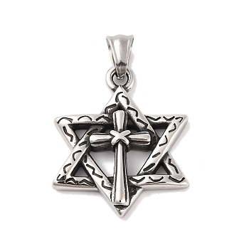 304 Stainless Steel Pendants, Star of David with Cross Charm, Antique Silver, 39x29x5.5mm, Hole: 5x7mm