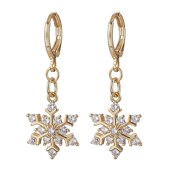 Christmas Snowflake Brass Micro Pave Clear Cubic Zirconia Hoop Earrings, with Huggie Hoop Earring Findings, Real 18K Gold Plated, 35x13mm