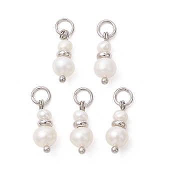 Natural Cultured Freshwater Pearl & Brass Pendants, Potato Beaded Charms with 304 Stainless Steel Jump Rings, White, Platinum, 14~14.5x5~6mm, Hole: 3.3mm