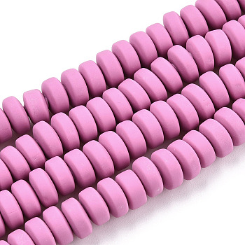 Handmade Polymer Clay Beads Strands, for DIY Jewelry Crafts Supplies, Flat Round, Flamingo, 6~7x3mm, Hole: 1.5mm, about 113~116pcs/strand, 15.55 inch~16.14 inch(39.5~41cm)