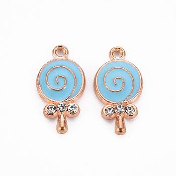 Alloy Pendants, Cadmium Free & Lead Free, with Enamel and Rhinestone, Lollipop, Light Gold, Crystal, Light Sky Blue, 18x9.5x3mm, Hole: 1.5mm