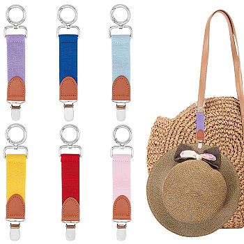 AHADEMAKER 6Pcs 6 Colors Alloy & Iron Hat Clip for Travel, with Spring Gate Ring, Polyester Elastic Strap, Imitation Leather Decor, Mixed Color, 165x32mm, 1pc/color