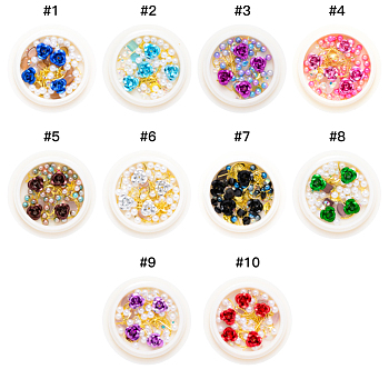 Nail Art Decoration Accessories, with Resin & Golden Tone Brass Cabochons & ABS Plastic Imitation Pearl Beads & Aluminium Flower, Mixed Shapes, Mixed Color, 2~12x1~12x0.5~4mm