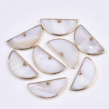 Natural Freshwater Shell Pendants, with Edge Brass Golden Plated, Semi Circle/Half Round, Seashell Color, 15x30x2.5mm, Hole: 1.2mm