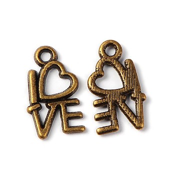 For Valentine's Day Tibetan Style Alloy Pendants, Lead Free, Cadmium Free and Nickel Free, Heart with Love, Antique Bronze, 14.5x8mm, Hole: 1mm